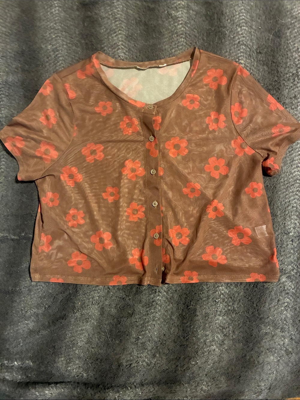 Brown Mesh Crop Cardigan with Orange Floral Print